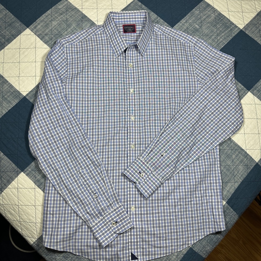 UNTUCKit Durif WF Mens Large Slim Fit Blue Gingham Wrinkle Free Button Down - Picture 2 of 8